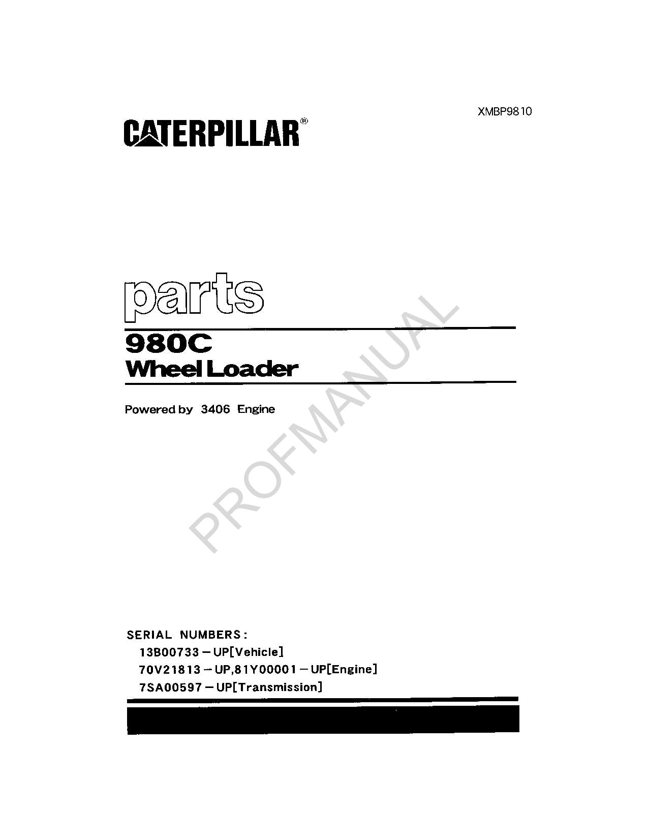 Caterpillar Cat 980C Wheel Loader Parts Catalog Manual XMBP9810