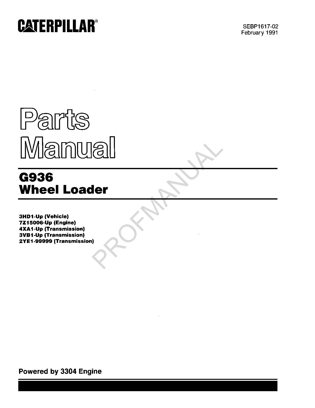 Caterpillar Cat G936 Wheel Loader Parts Catalog Manual SEBP1617