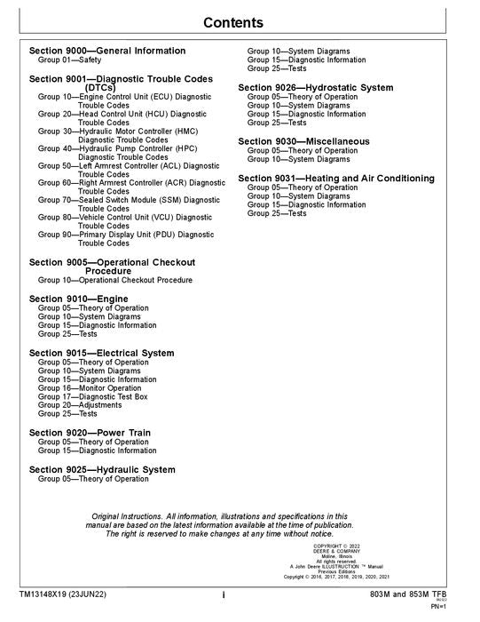 JOHN DEERE 803M 853M BUNCHER OPERATION TEST TECHNICAL MANUAL TM13148X19