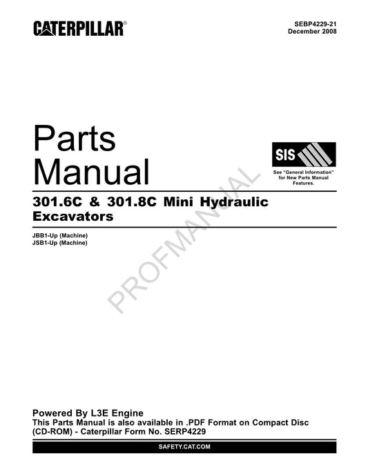 Caterpillar Cat 301.6C 301.8C Mini Excavator Parts Catalog Manual