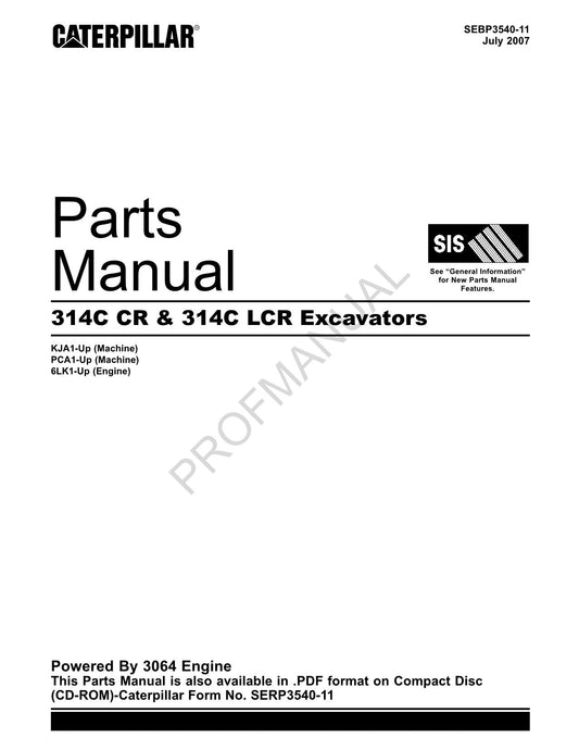 Caterpillar Cat 314C CR 314C LCR Excavator Parts Catalog Manual