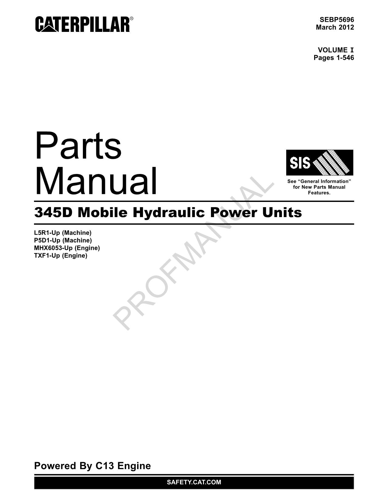 Caterpillar Cat 345D Mobile Hydraulic Power Units Parts Catalog Manual