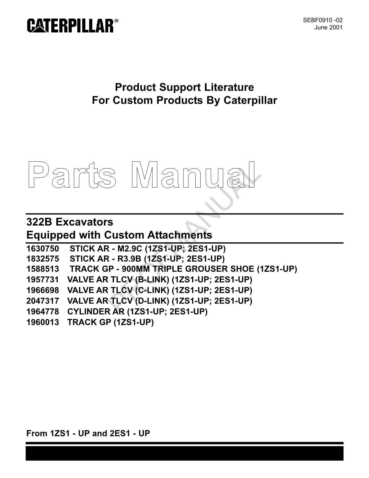 Manuel du catalogue de pièces personnalisées pour excavatrice Caterpillar Cat 322 B SEBF0910