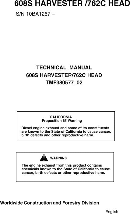 JOHN DEERE 608S 762C TRACKED HARVESTER SERVICE REPAIR MANUAL s-n 10BA1267-