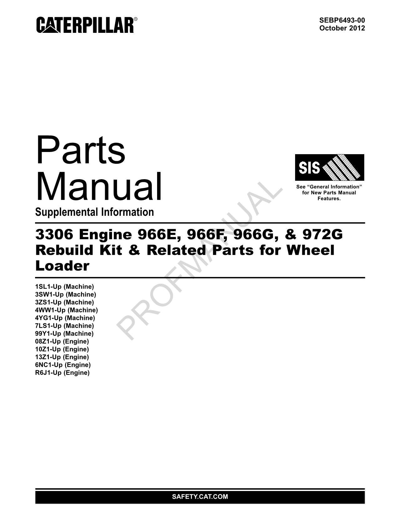 Caterpillar Cat 3306 Engine 966E 966F 966G 972G SUPPL OEM Parts Catalog Manual