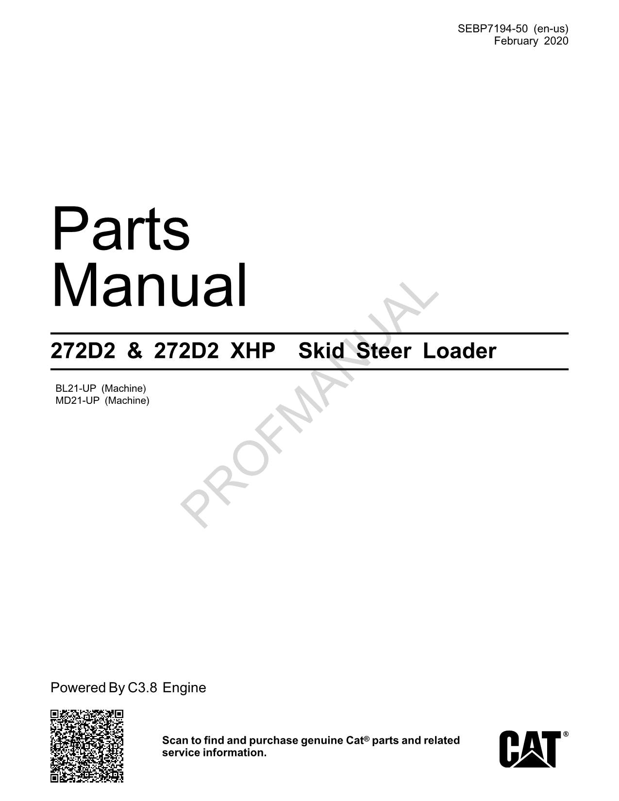 Caterpillar Cat 272D2 272D2 XHP Skid Steer Loader Parts Catalog Manual