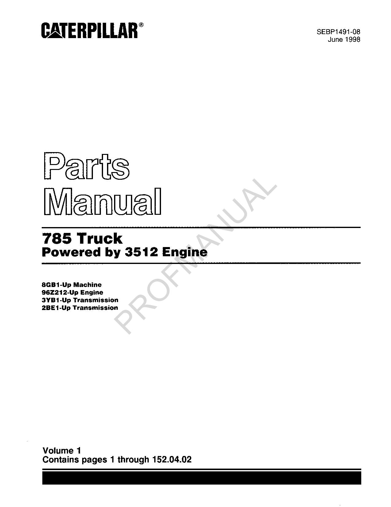 Caterpillar 785 Powered by 3512 Engine Off Highway Truck Parts Catalog Manual