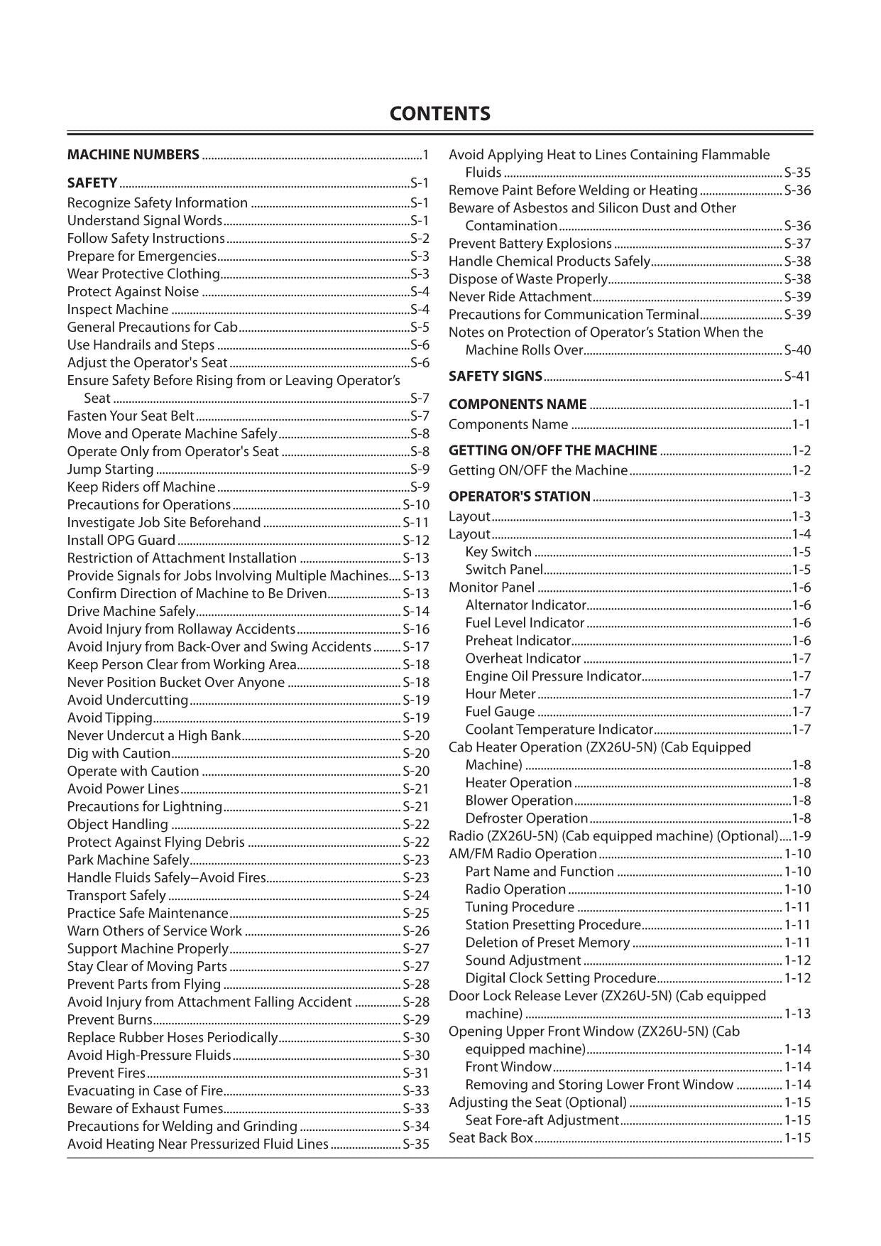 HITACHI 17U-5N 26U-5N HYDRAULIC EXCAVATOR OPERATORS MANUAL