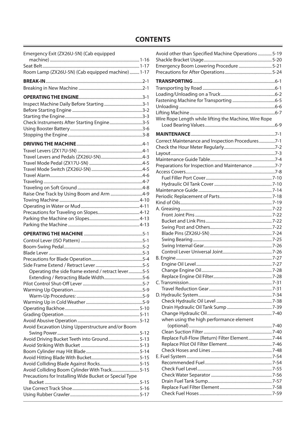 HITACHI 17U-5N 26U-5N HYDRAULIC EXCAVATOR OPERATORS MANUAL