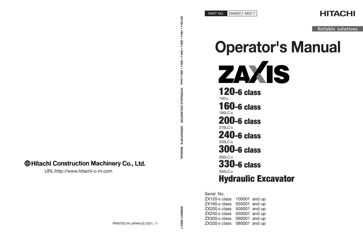 HITACHI 120-6 160-6 200-6 240-6 300-6 330-6  class  EXCAVATOR OPERATORS MANUAL