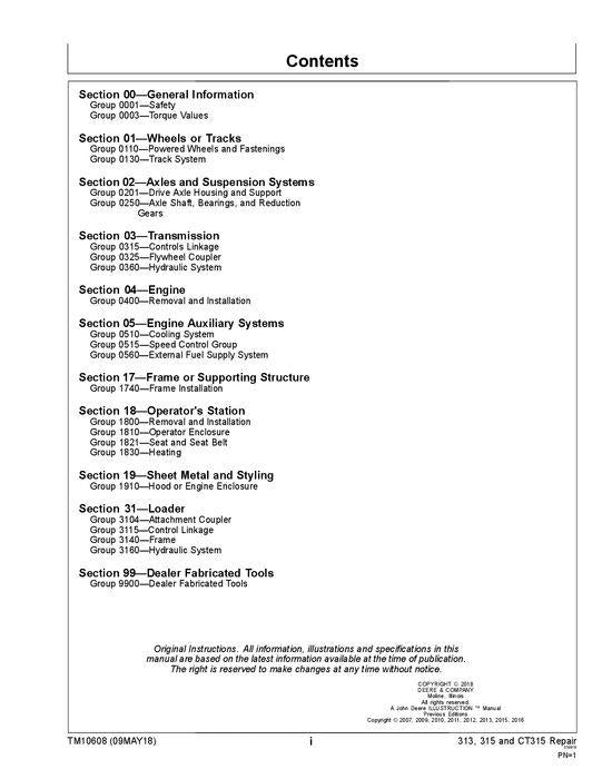 JOHN DEERE 313 315 KOMPAKTLADER СТ315 LADER REPARATURHANDBUCH