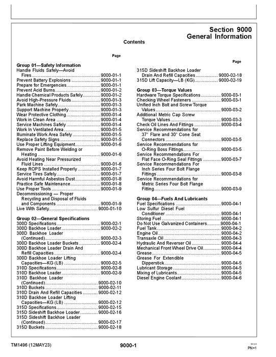 JOHN DEERE 300D 310D 315D BACKHOE LOADER OPERATION TEST SERVICE MANUAL