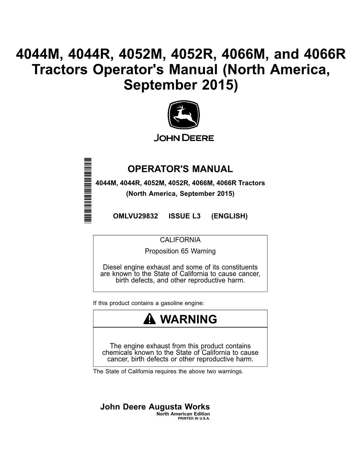 JOHN DEERE 4044M 4044R 4052R 4052M 4066M TRAKTOR-BETRIEBSHANDBUCH + !BONUS!