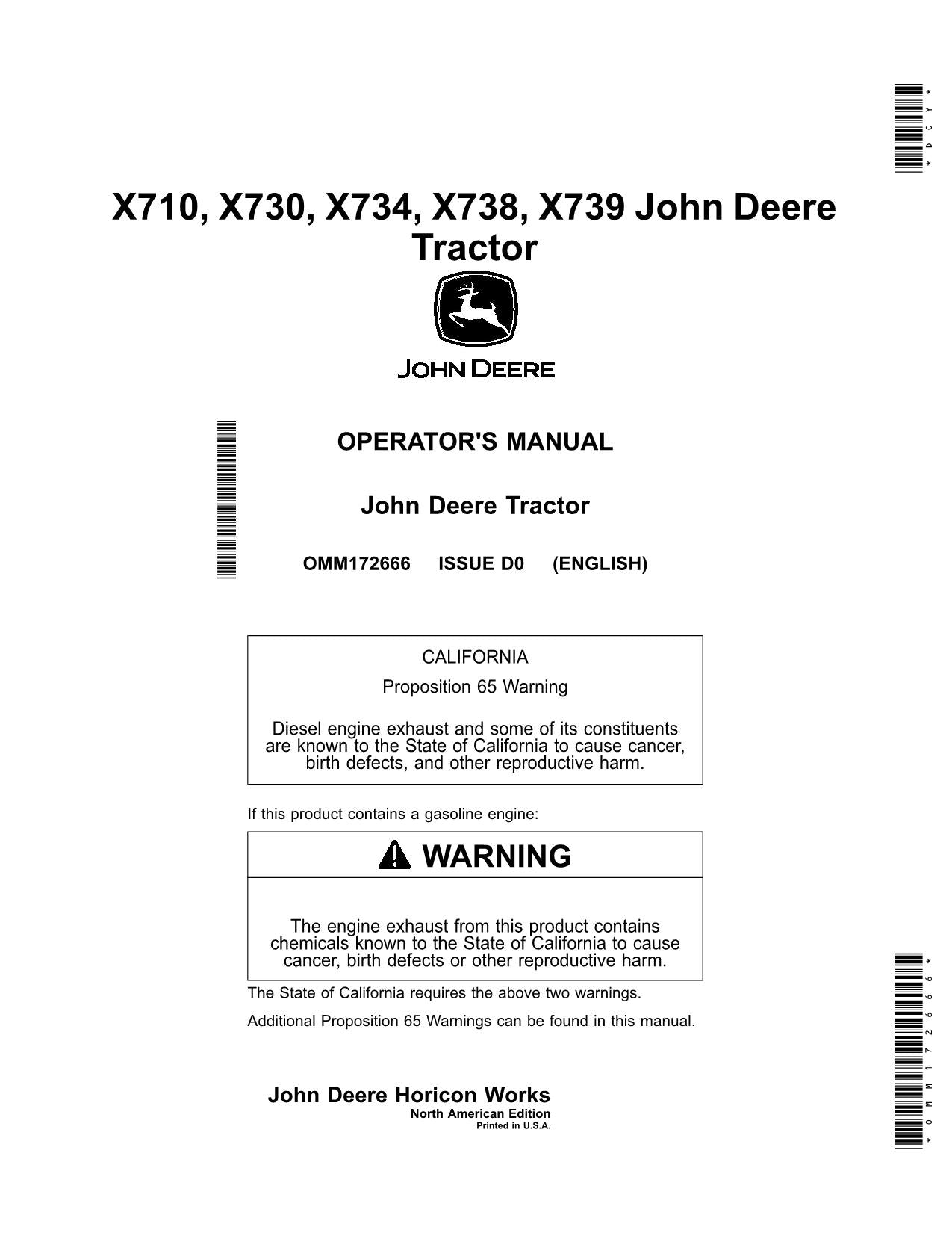 JOHN DEERE X710 X730 X734 X738 X739 TRACTOR OPERATORS MANUAL + !BONUS! OMM172666