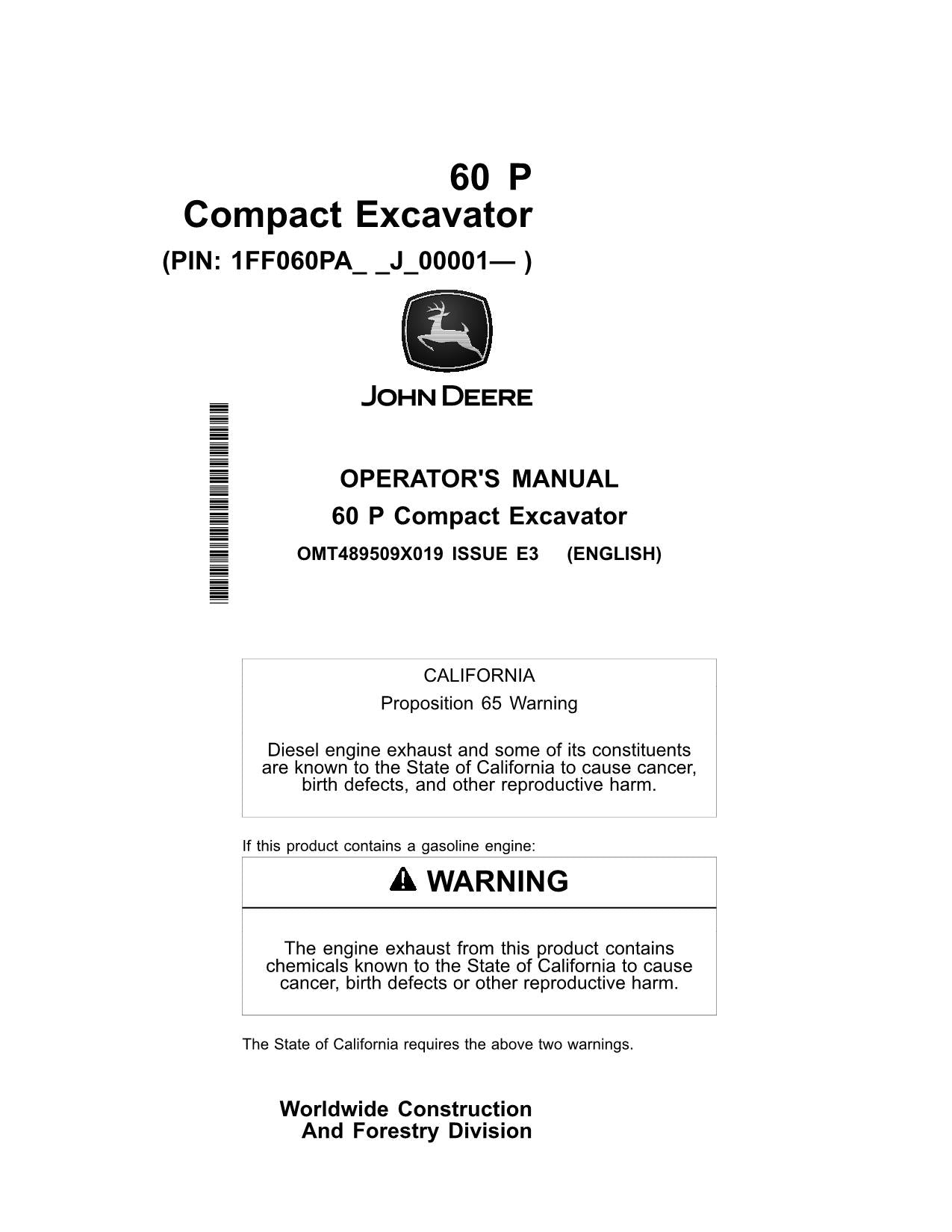 JOHN DEERE 60 P EXCAVATOR OPERATOR MANUAL ser _J_00001—