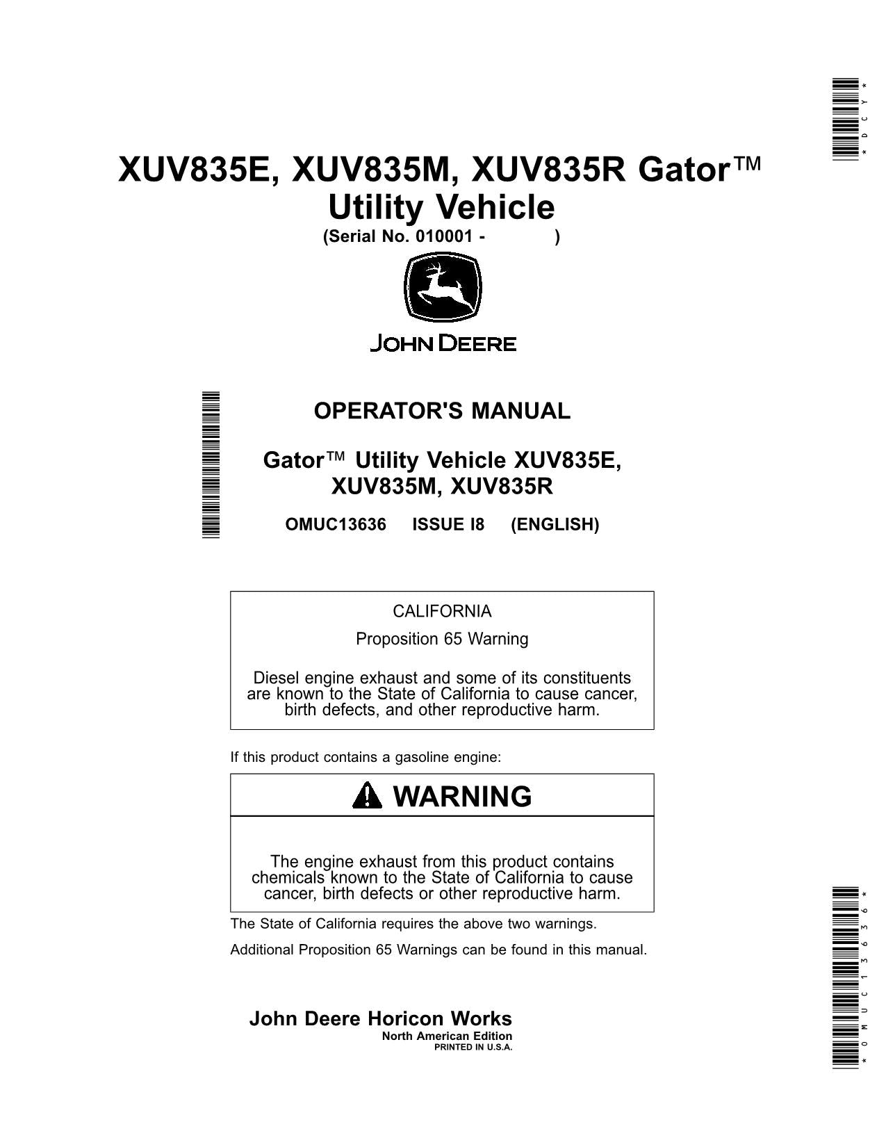 JOHN DEERE XUV835E XUV835R XUV835M GATOR OPERATORS MANUAL 010001-