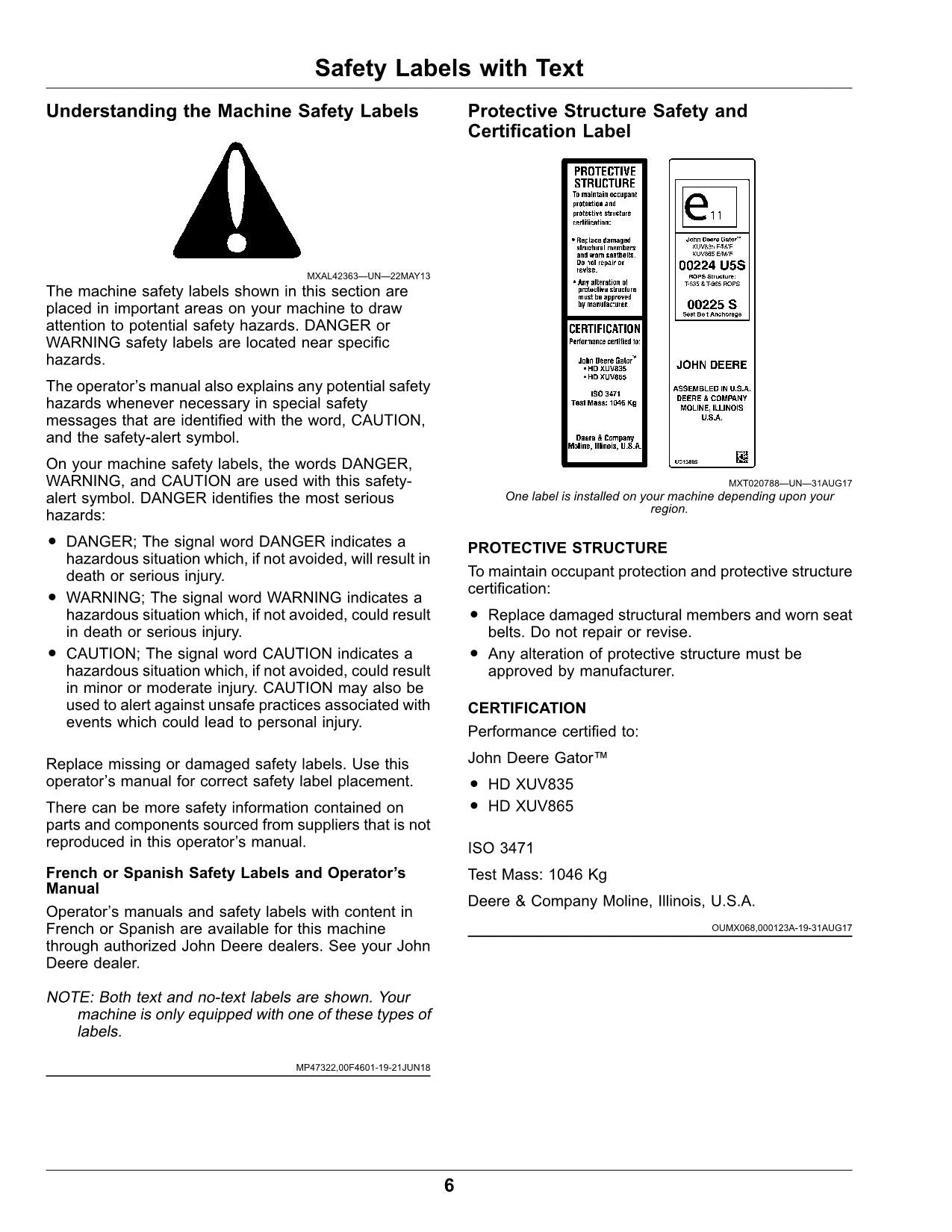 JOHN DEERE XUV835E XUV835R XUV835M GATOR OPERATORS MANUAL 010001-