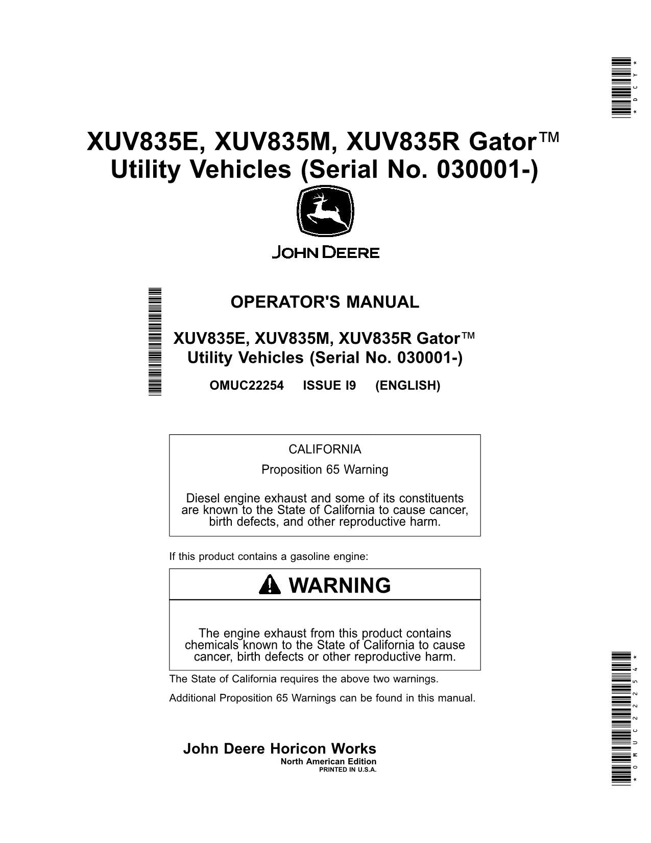 JOHN DEERE XUV835E 835R 835M GATOR OPERATORS MANUAL 030001-