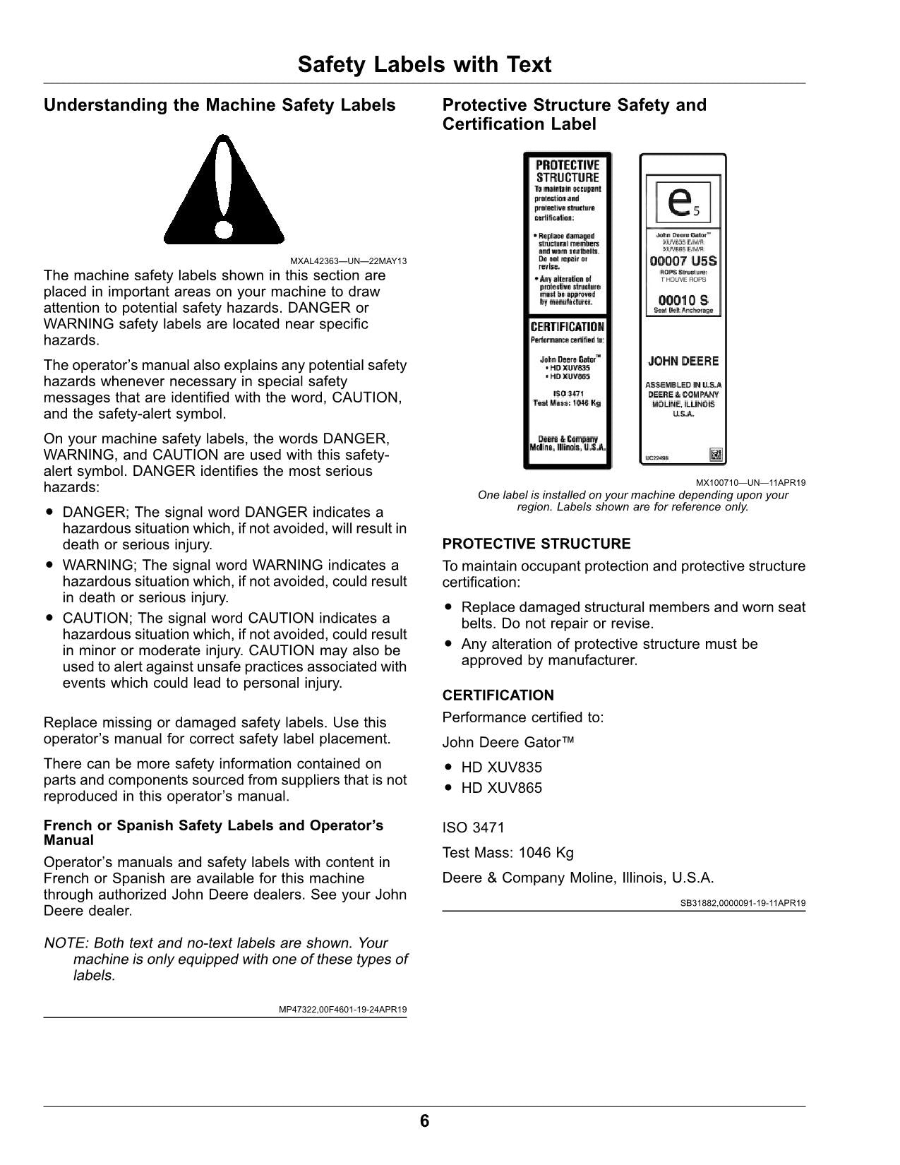 JOHN DEERE XUV835E 835R 835M GATOR OPERATORS MANUAL 030001-