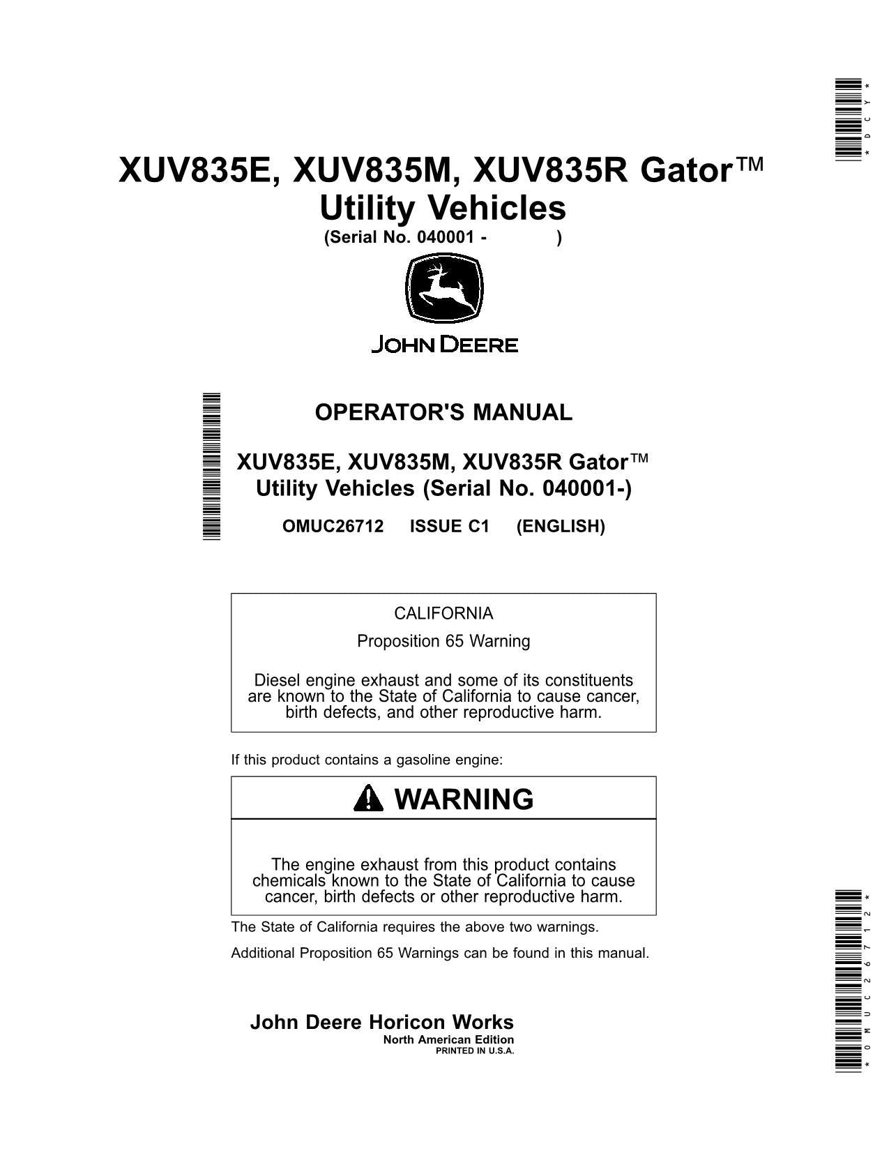 JOHN DEERE XUV835E XUV835M XUV835R GATOR OPERATORS MANUAL 040001-