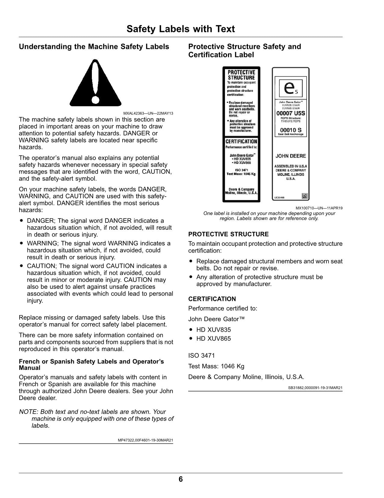 JOHN DEERE XUV835E XUV835M XUV835R GATOR OPERATORS MANUAL 040001-