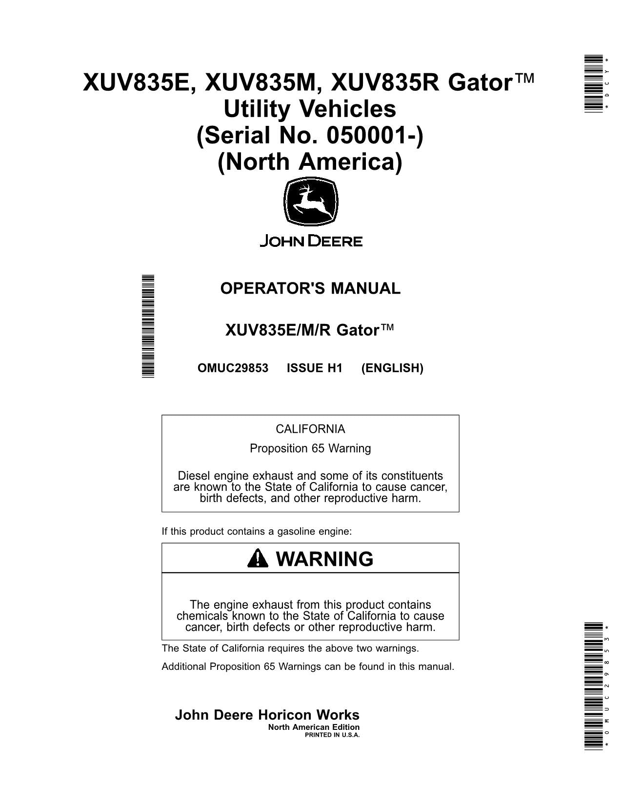 MANUEL D'UTILISATION JOHN DEERE XUV835E XUV835M XUV835R GATOR 050001-