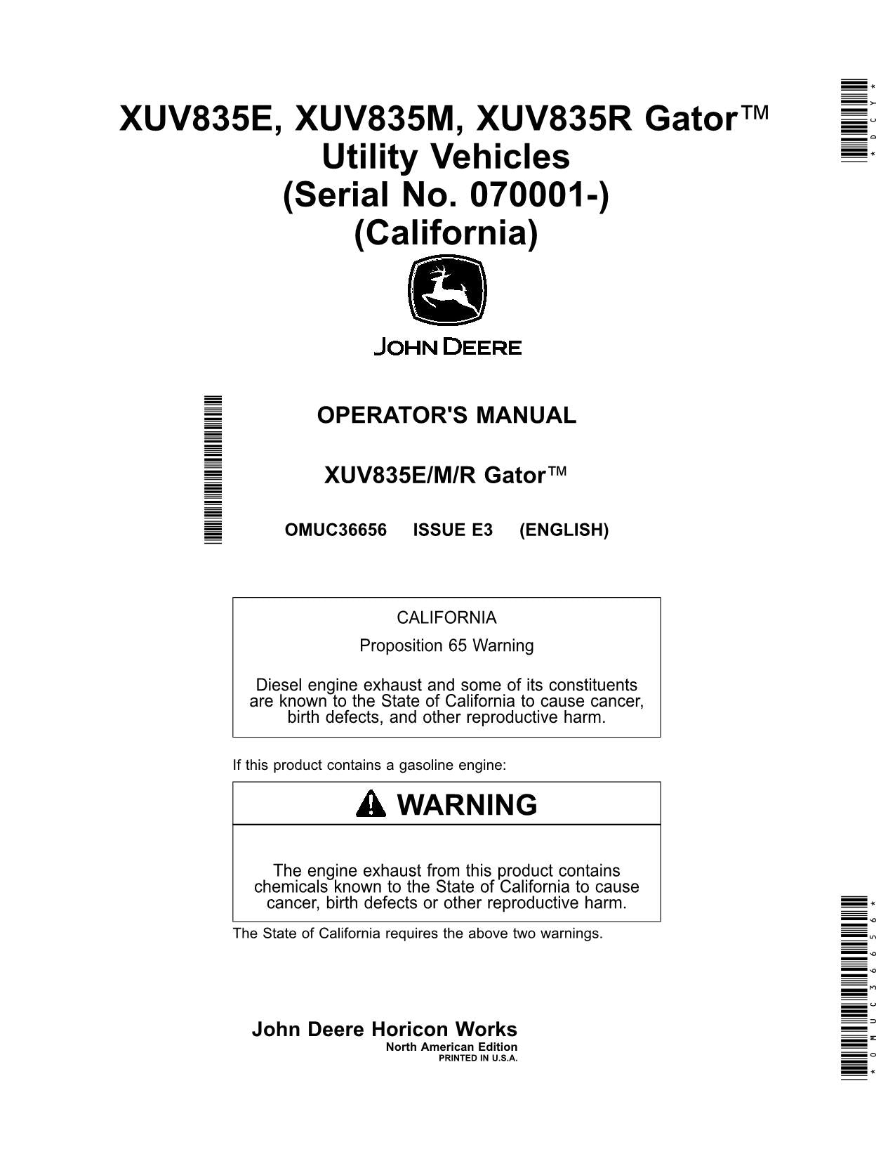 JOHN DEERE XUV835E XUV835M XUV835R GATOR OPERATORS MANUAL 070001-