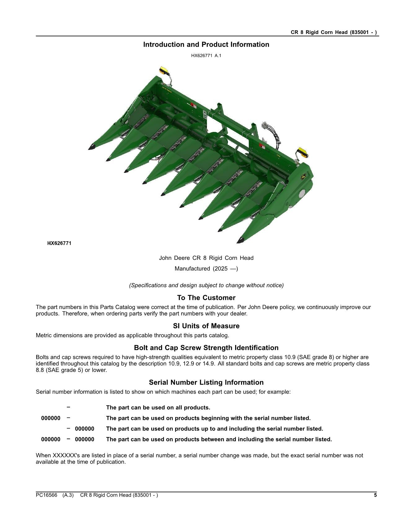 John Deere  CR 8 CR8 Rigid Corn Head Parts Catalog Manual sn 835001 -