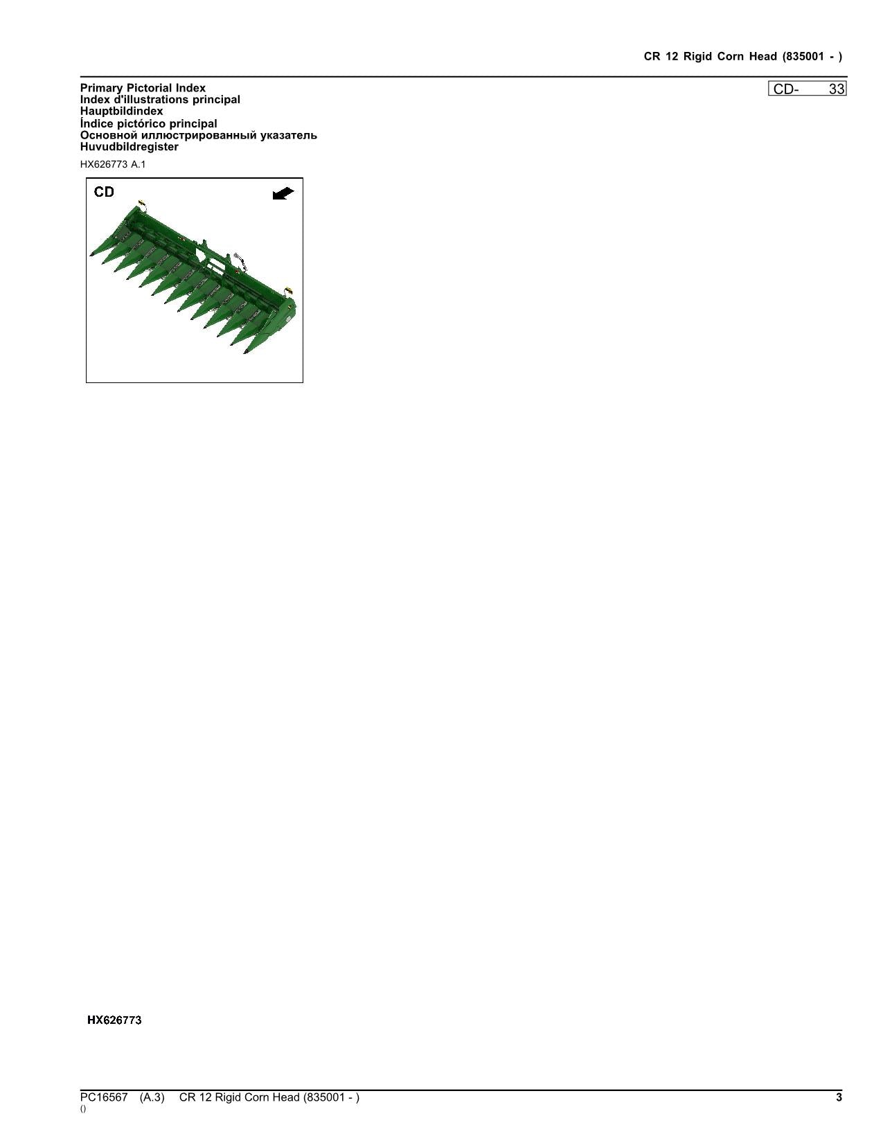 John Deere  CR 12 CR12 Rigid Corn Head Parts Catalog Manual sn 835001 -