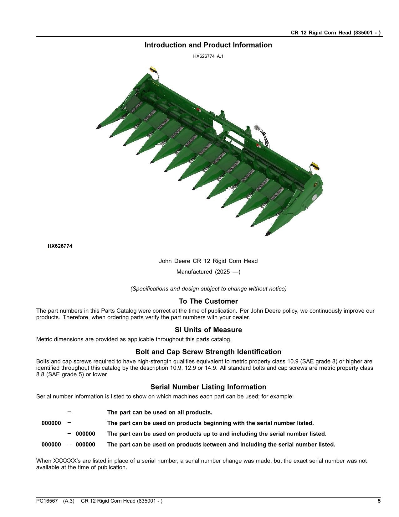 Catalogue de pièces détachées pour cueilleur à maïs rigide John Deere CR 12 CR12 sn 835001 -