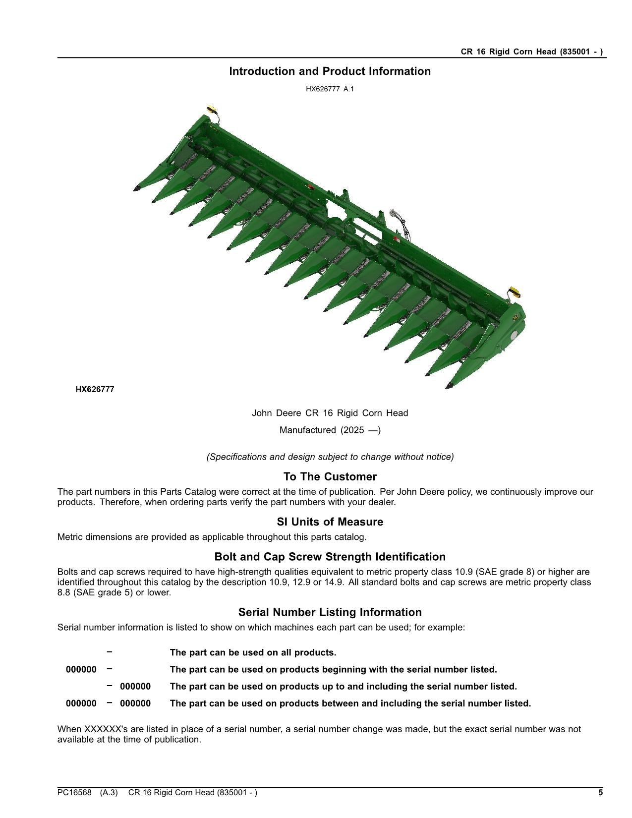 John Deere CR 16 CR16 Starrer Maispflücker - Ersatzteilkatalog, Handbuch sn 835001 -