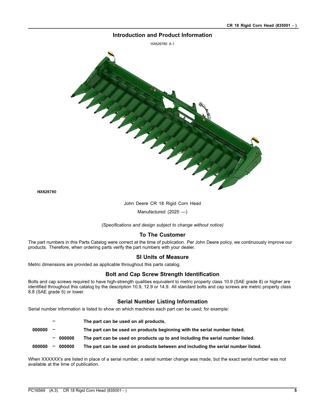 Catalogue de pièces détachées pour cueilleur à maïs rigide John Deere CR 18 CR18 sn 835001 -