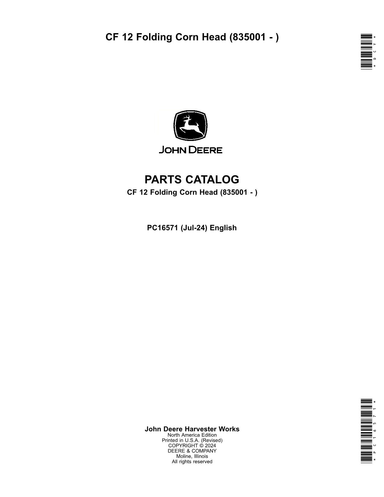 John Deere CF 12 CR12 Klappbarer Maispflücker - Ersatzteilkatalog, Handbuch SN 835001 -