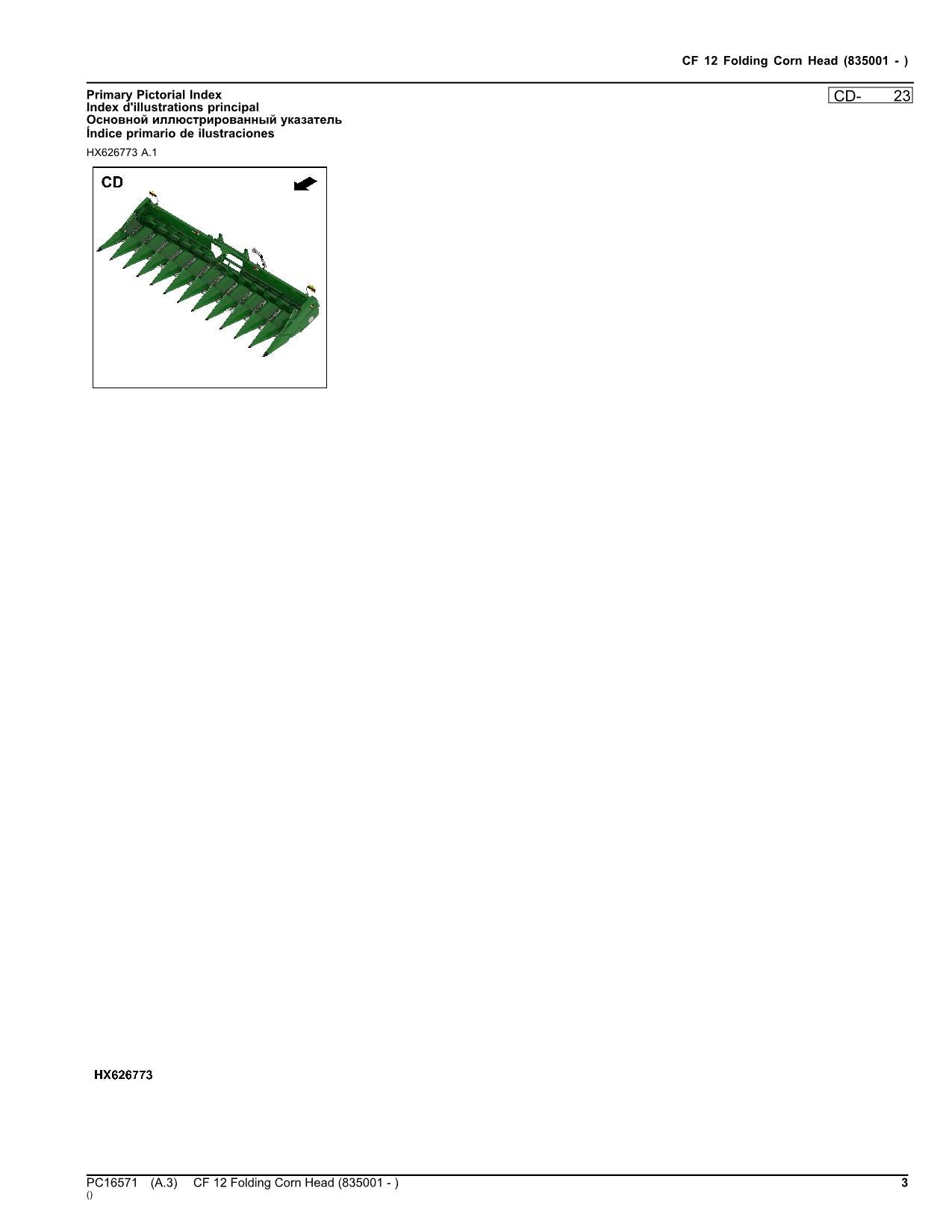 John Deere CF 12 CR12 Klappbarer Maispflücker - Ersatzteilkatalog, Handbuch SN 835001 -