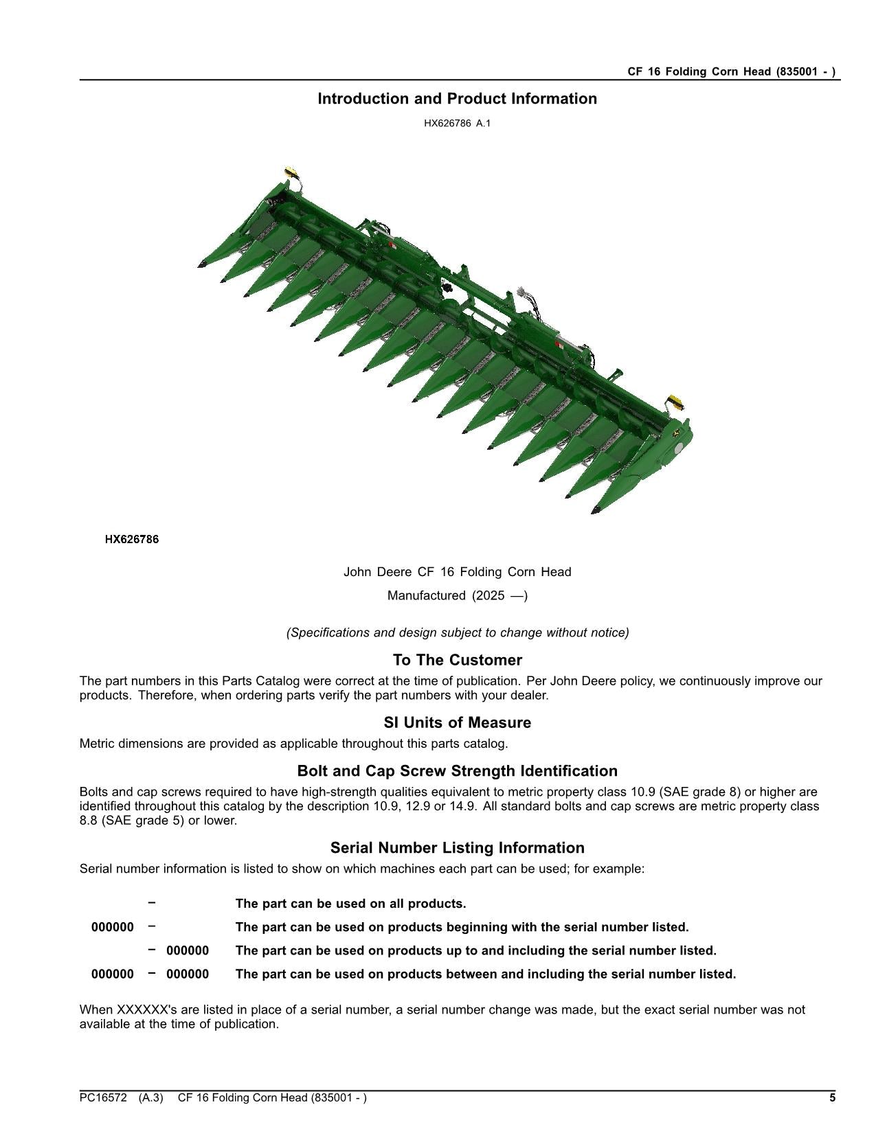 John Deere CF 16 CR16 Klappbarer Maispflücker - Ersatzteilkatalog, Handbuch SN 835001 -