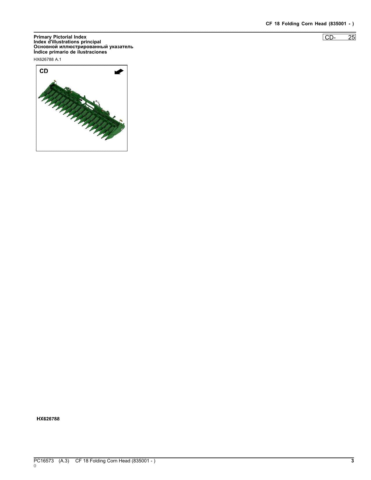 Catalogue de pièces détachées pour cueilleur à maïs pliable John Deere CF 18 CF18 sn 835001 -