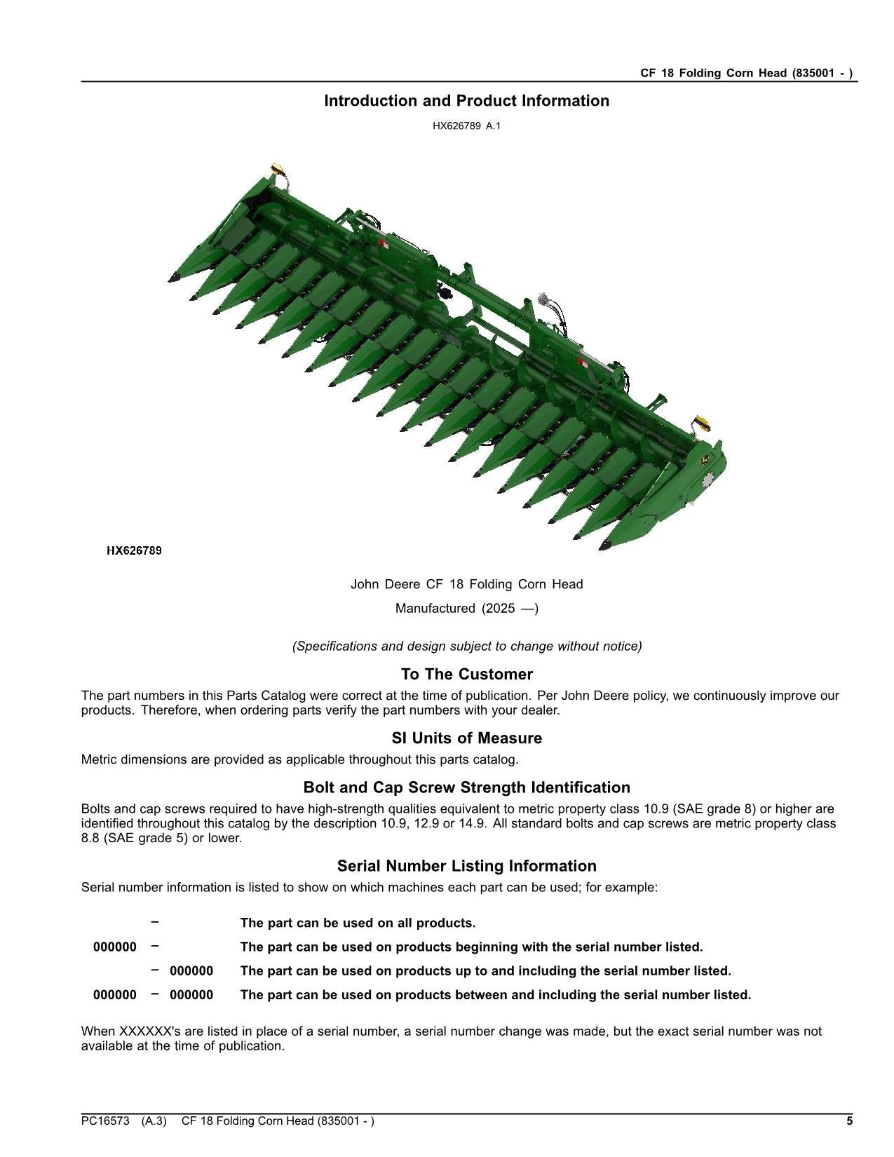 John Deere  CF 18 CF18 Folding Corn Head Parts Catalog Manual sn 835001 -