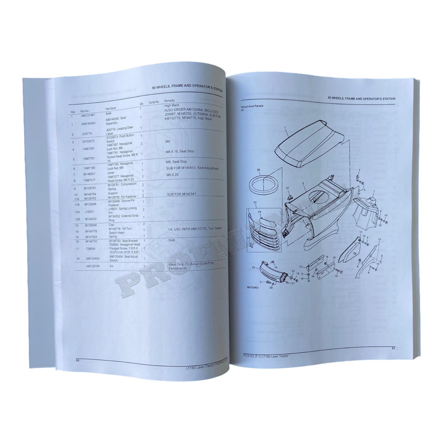 John Deere LT180 Lawn Tractor Parts Catalog Manual PC9152