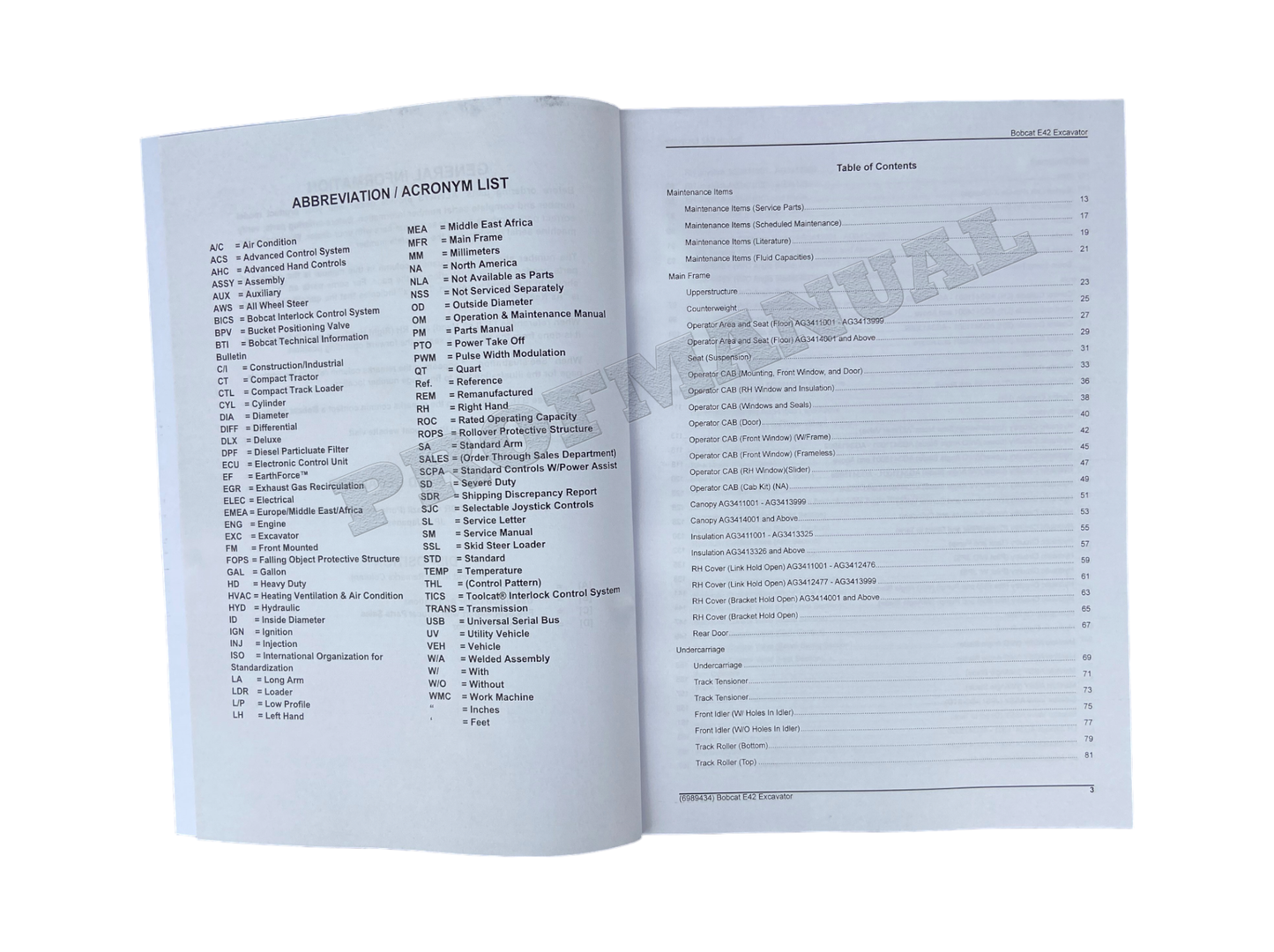 Bobcat E42 Excavator Parts Catalog Manual AG3411001-