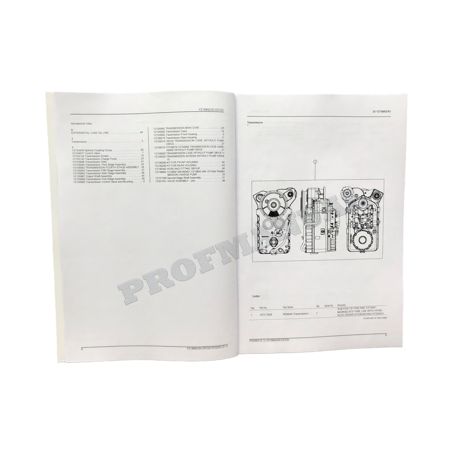 John Deere DF230 Getriebe YZ18892 YZ18893 Ersatzteilkatalog Handbuch