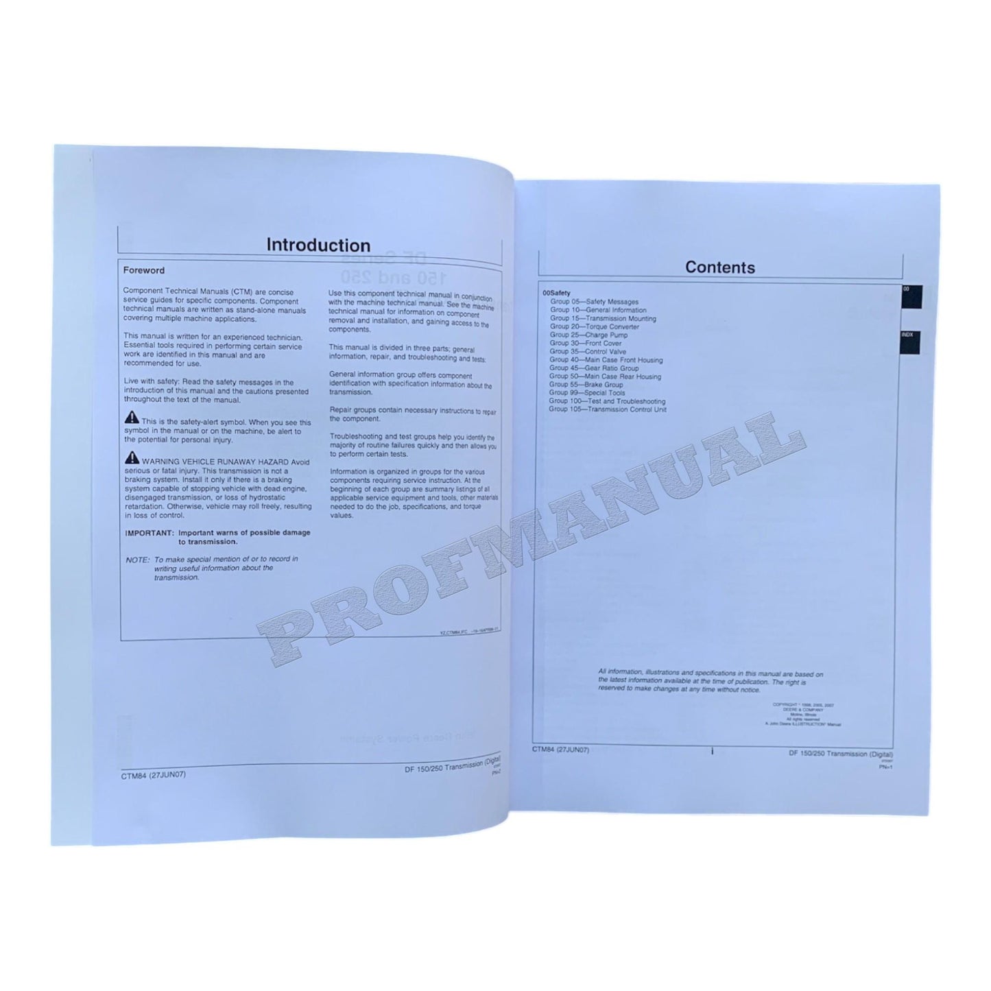 JOHN DEERE 150 250 DF SERIES DIGITAL TRANSMISSION REPAIR SERVICE MANUAL CTM84