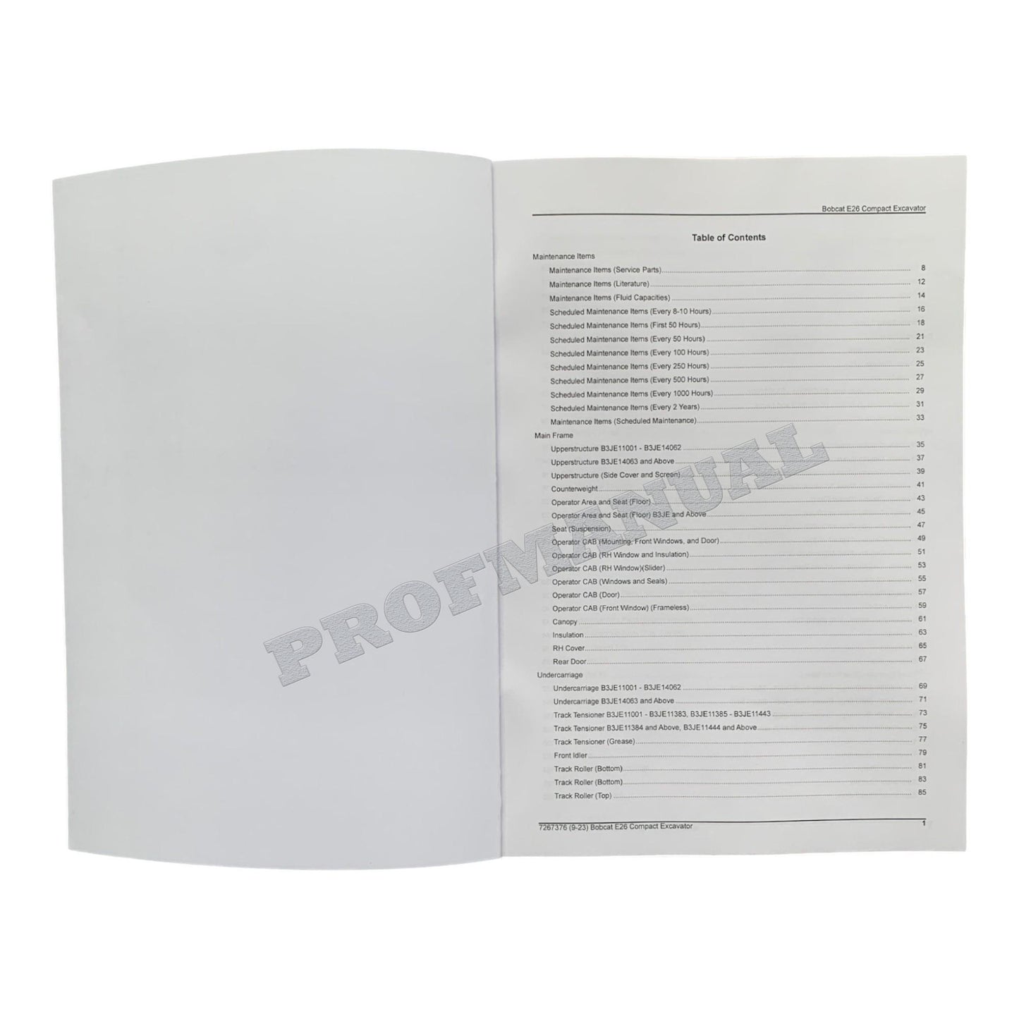 Bobcat E26 Excavator Parts Catalog Manual B3JE11001-