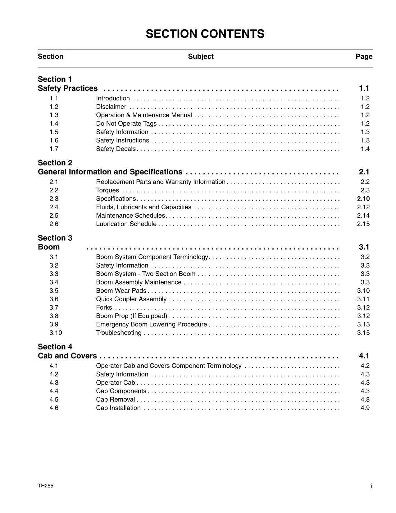 Caterpillar TH255 Telehandler Service Manual S/N TBS00100 and After