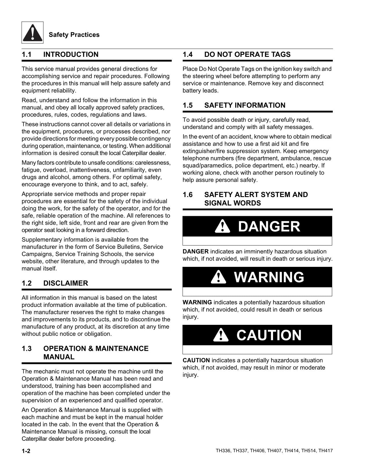 Caterpillar TH336 TH337 TH406 TH407 TH414 TH514 TH417 Telehandler Service Manual