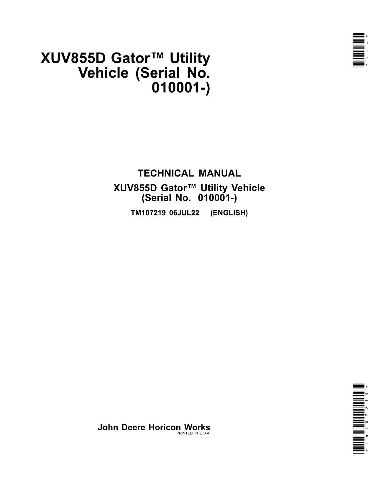 Manuel d'entretien du véhicule utilitaire John Deere XUV855D Gator TM107219