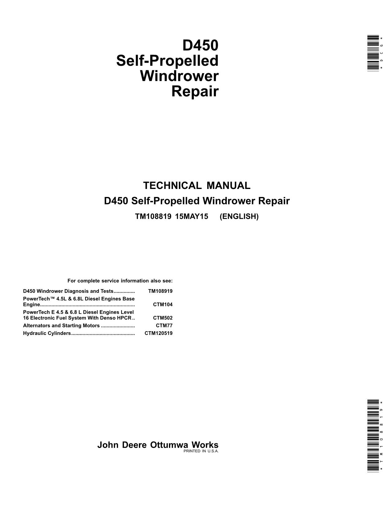 JOHN DEERE D450 WINDROWER SERVICE MANUAL + !BONUS!