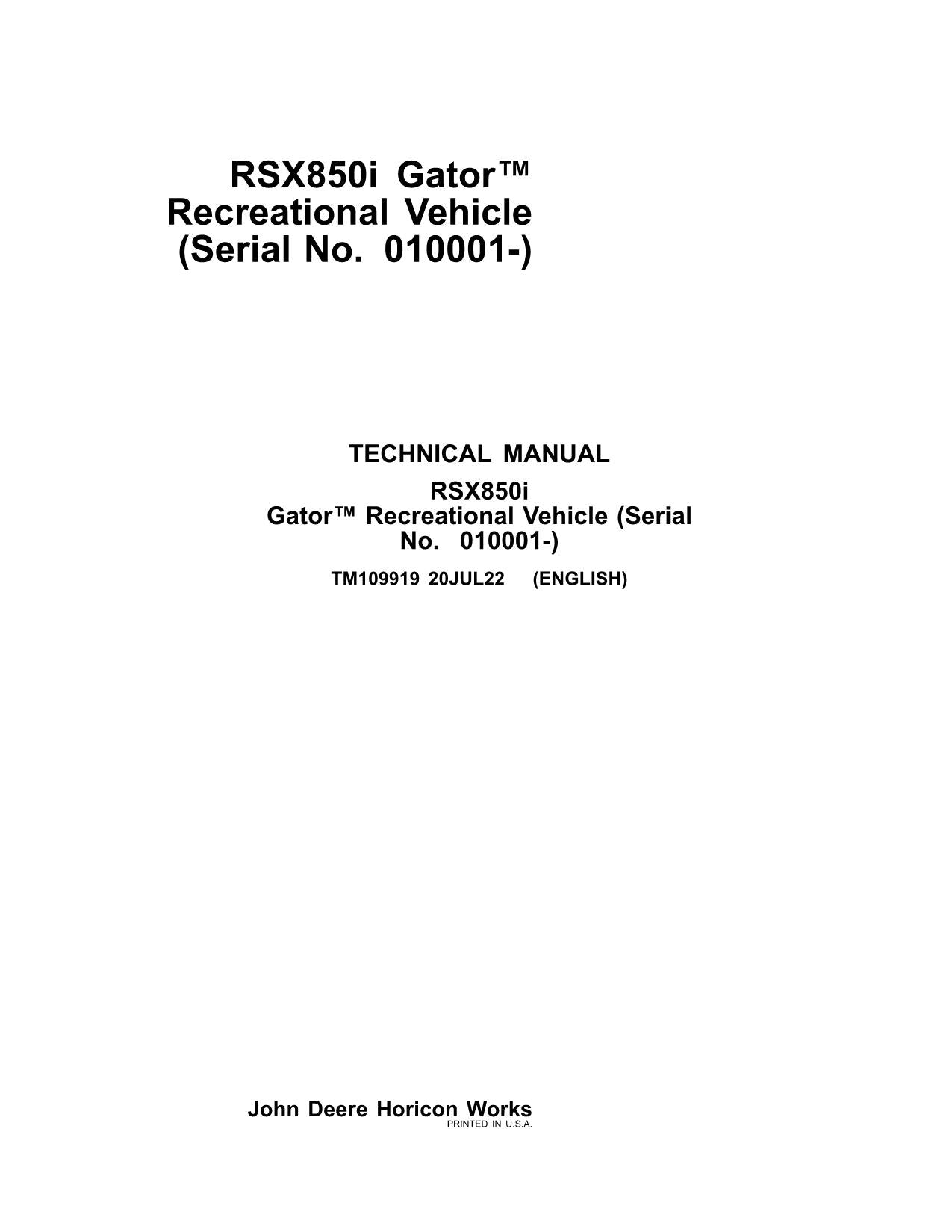 John Deere RSX850i Gator Recreational Service Repair Manual TM109919 ser 010001-