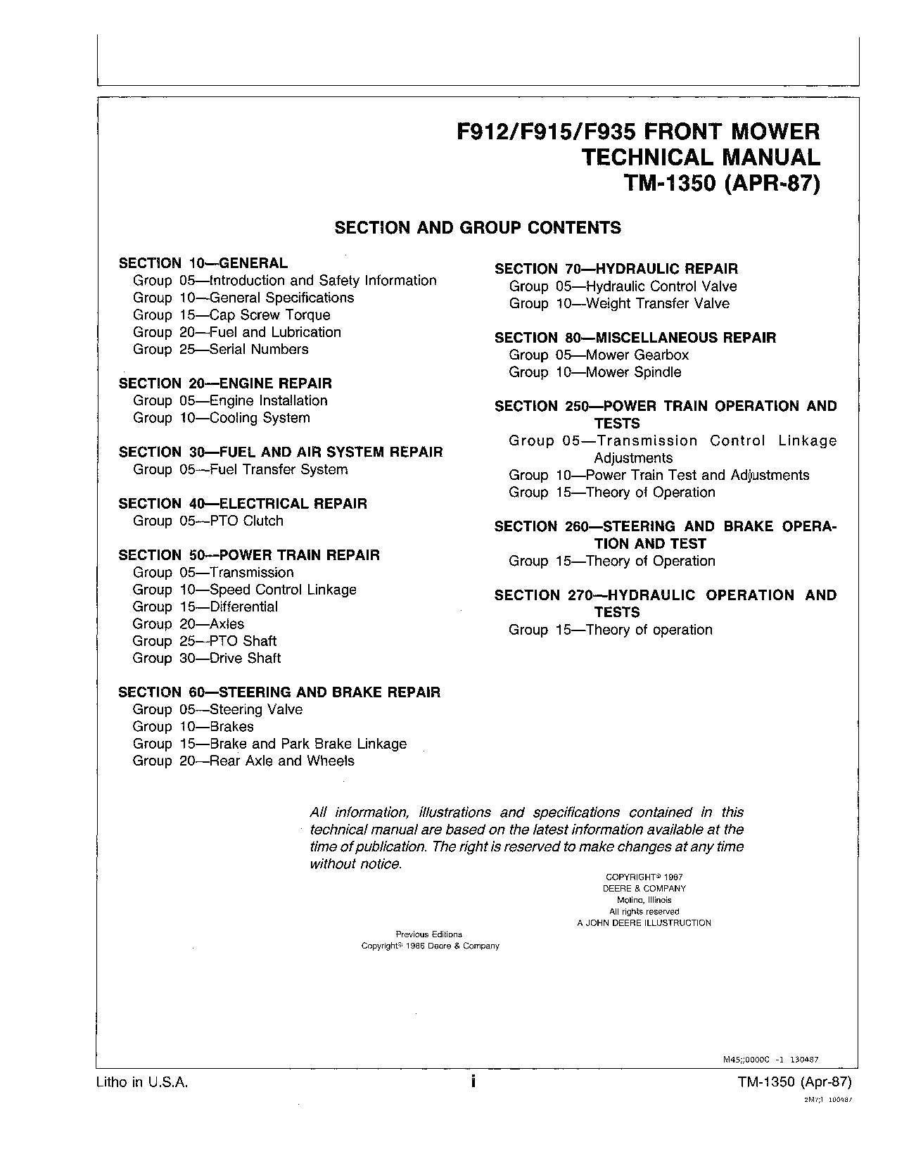 JOHN DEERE F912 F915 F935 FRONT MOWER REPAIR SERVICE TECHNICAL MANUAL TM1350