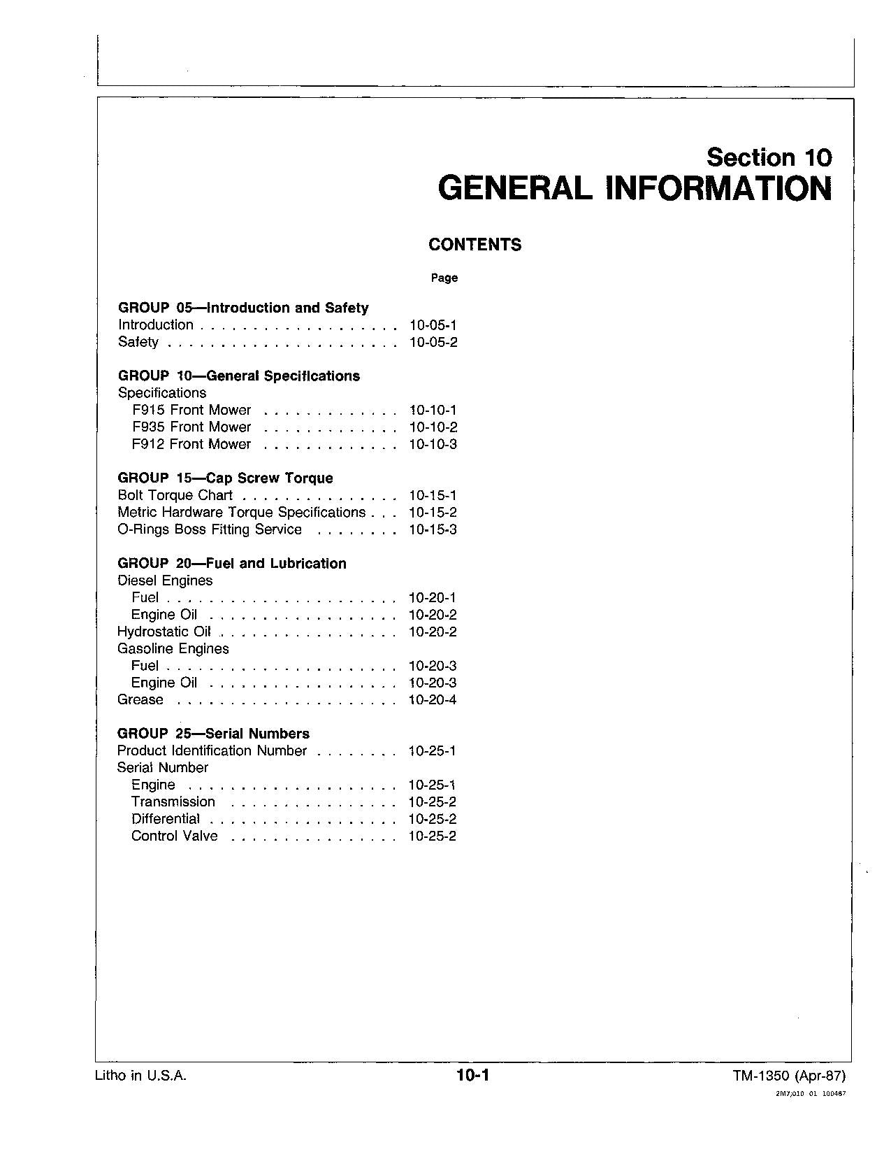 JOHN DEERE F912 F915 F935 FRONT MOWER REPAIR SERVICE TECHNICAL MANUAL TM1350