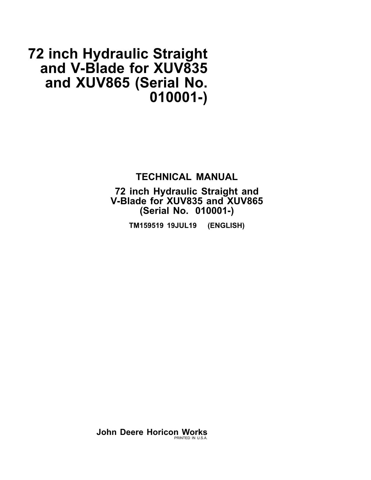 John Deere 72 inch Hydraulic Straight V-Blade XUV835 XUV865 Gator Service Manual